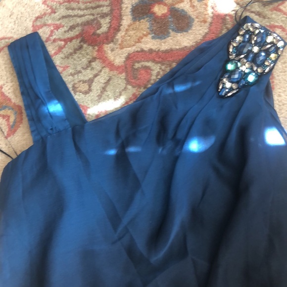 R&M Richards teal to black ombré asym top cocktail dress. Satin&chiffon overlay - Picture 3 of 9